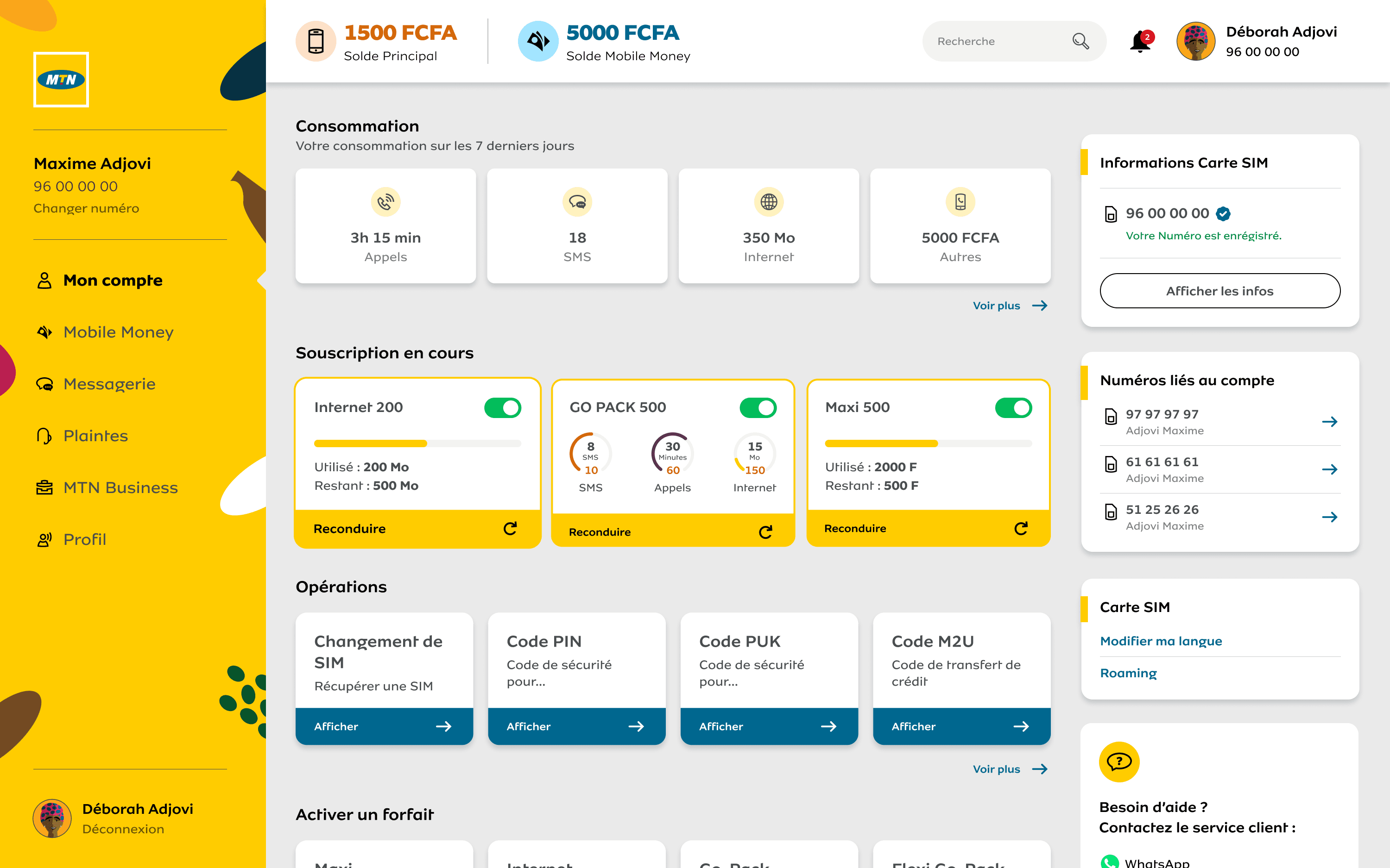 MTN Selfcare — aperçu tableau de bord web